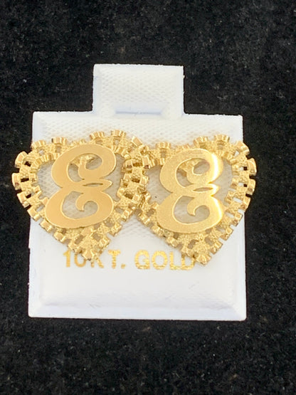 10k Yellow Gold Small Presidential link Heart E Initial Earrings,
