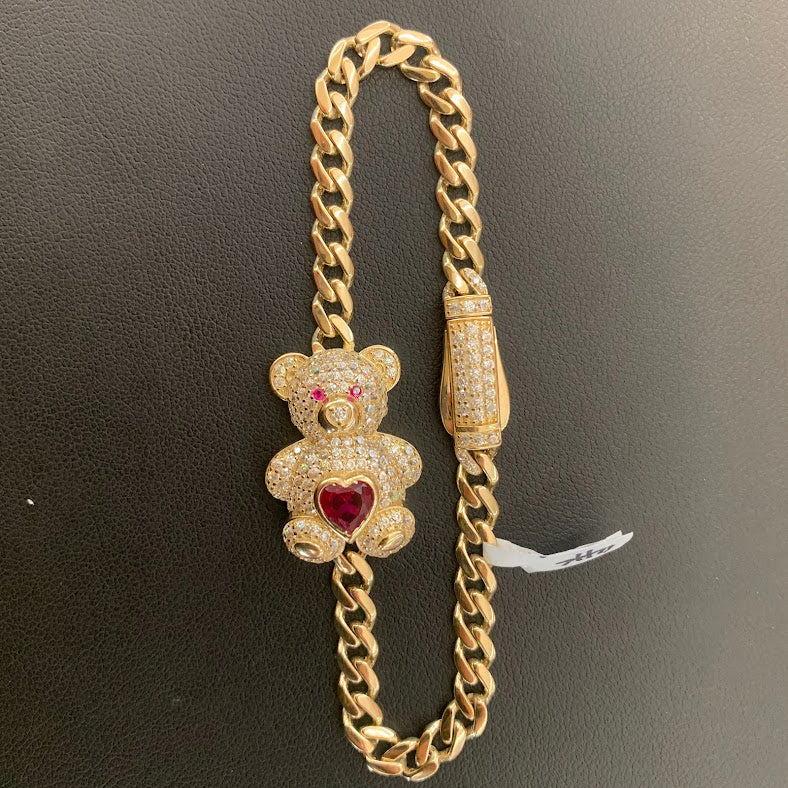 14k Gold Teddy Bear Bracelet, 14k Gold Monaco Link Bracelet, Women's Gold Bracelet, Design Bracelet, CZ Red Birthstone, Gold Bear Bracelet