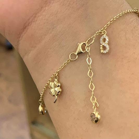 10k Gold Charms Bracelet, Women's Heart Locket Gold Bracelet, Infinity Charm, Butterfly Charm, Four Leaf Clover Charm,