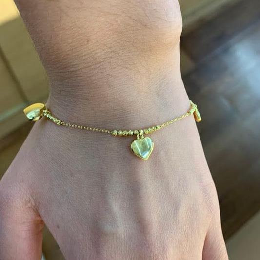 10k Gold Heart Bracelet, Women's Heart Charms Gold Bracelet, Gold Heart Design Bracelet
