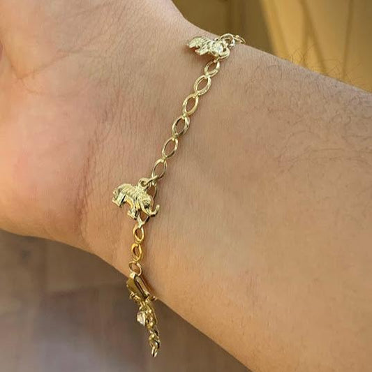 10k Gold Elephants Bracelet, Women's Elephant Charm Gold Bracelet, Lucky Bracelet, Gold Small Charms Bracelet