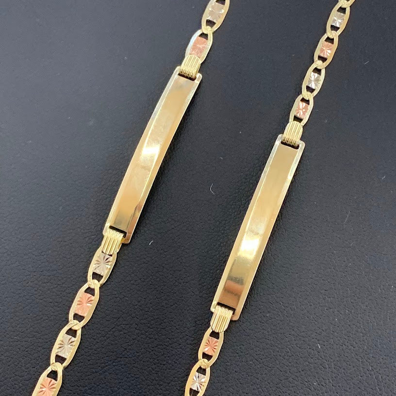 10k Gold Valentino ID Bracelet, Name Plate Gold Bracelet, Tri Color Gold, Valentino Tri Color Link Bracelet, Custom Name Engrave Bracelet