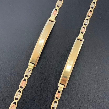 10k Gold Valentino ID Bracelet, Name Plate Gold Bracelet, Tri Color Gold, Valentino Tri Color Link Bracelet, Custom Name Engrave Bracelet