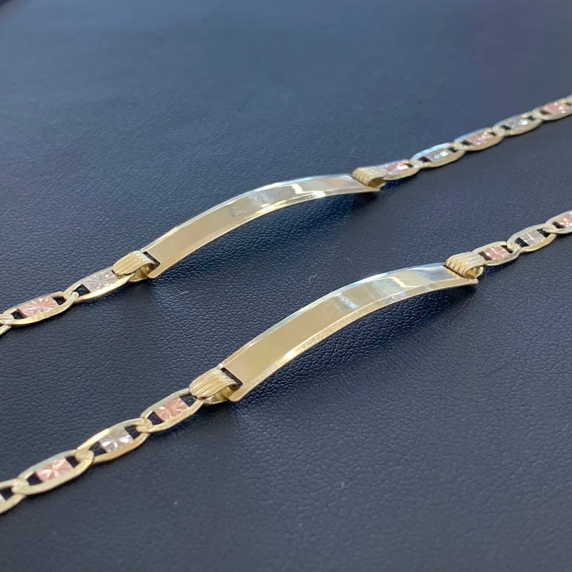 10k Gold Valentino ID Bracelet, Name Plate Gold Bracelet, Tri Color Gold, Valentino Tri Color Link Bracelet, Custom Name Engrave Bracelet