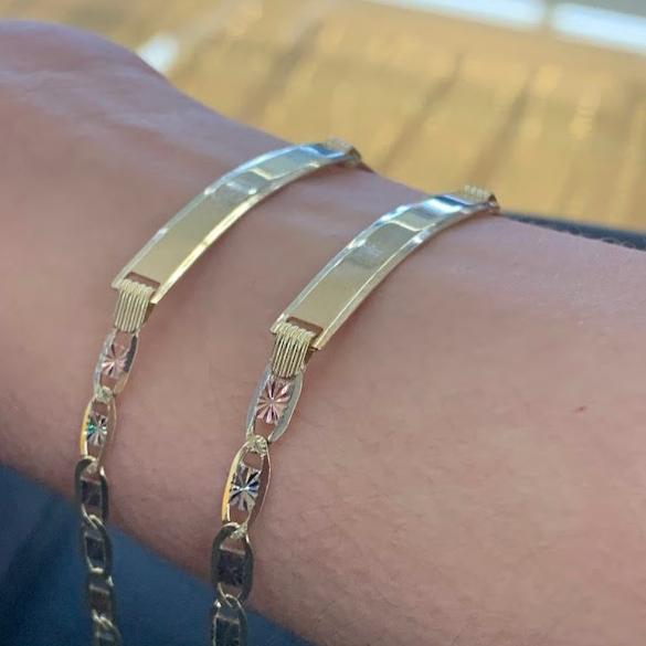10k Gold Valentino ID Bracelet, Name Plate Gold Bracelet, Tri Color Gold, Valentino Tri Color Link Bracelet, Custom Name Engrave Bracelet