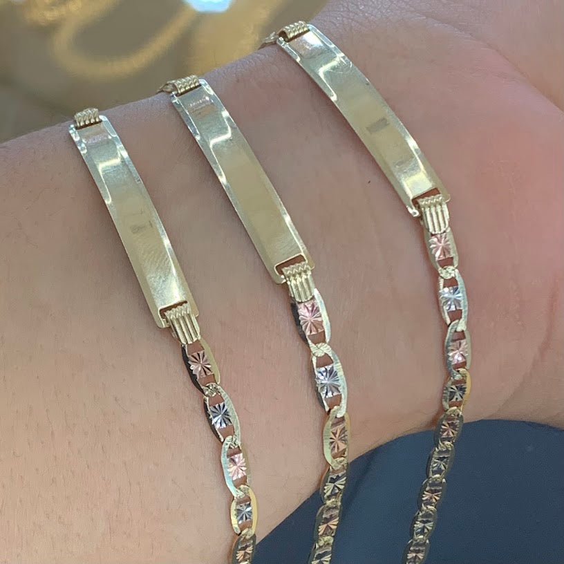 10k Gold Valentino ID Bracelet, Name Plate Gold Bracelet, Tri Color Gold, Valentino Tri Color Link Bracelet, Custom Name Engrave Bracelet
