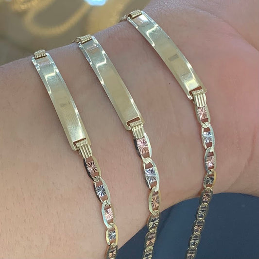10k Gold Valentino ID Bracelet, Name Plate Gold Bracelet, Tri Color Gold, Valentino Tri Color Link Bracelet, Custom Name Engrave Bracelet