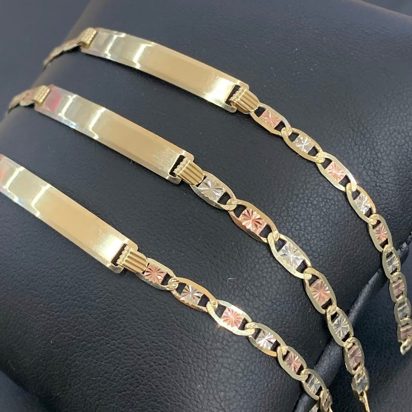 10k Gold Valentino ID Bracelet, Name Plate Gold Bracelet, Tri Color Gold, Valentino Tri Color Link Bracelet, Custom Name Engrave Bracelet