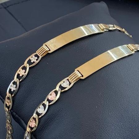 14k Gold Valentino Heart ID Bracelet, Valentino Flower ID Bracelet, Name Plate Gold Bracelet, Valentino Tri Color Link Bracelet, Custom Name Engrave