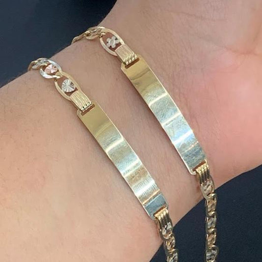 14k Gold Valentino Heart ID Bracelet, Valentino Flower ID Bracelet, Name Plate Gold Bracelet, Valentino Tri Color Link Bracelet, Custom Name Engrave