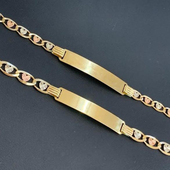 14k Gold Valentino Heart ID Bracelet, Valentino Flower ID Bracelet, Name Plate Gold Bracelet, Valentino Tri Color Link Bracelet, Custom Name Engrave