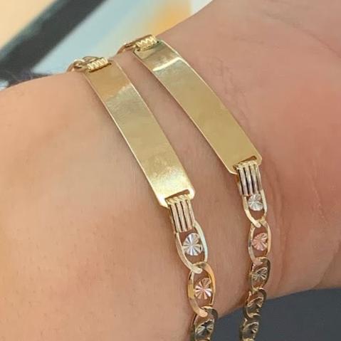14k Gold Valentino Heart ID Bracelet, Valentino Flower ID Bracelet, Name Plate Gold Bracelet, Valentino Tri Color Link Bracelet, Custom Name Engrave