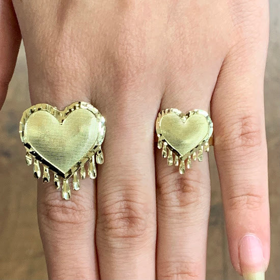 10k Gold Dripping Heart Ring, Small Love Heart Ring, Diamond Cut