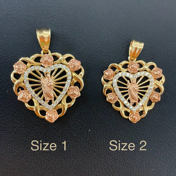 14k Gold San Judas Heart Pendant with Roses , Saint Jude Pendant, Heart San Judas Charm, Religious Gold Pendants, Yellow &Rose Gold with CZ Stones