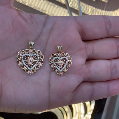 14k Gold San Judas Heart Pendant with Roses , Saint Jude Pendant, Heart San Judas Charm, Religious Gold Pendants, Yellow &Rose Gold with CZ Stones