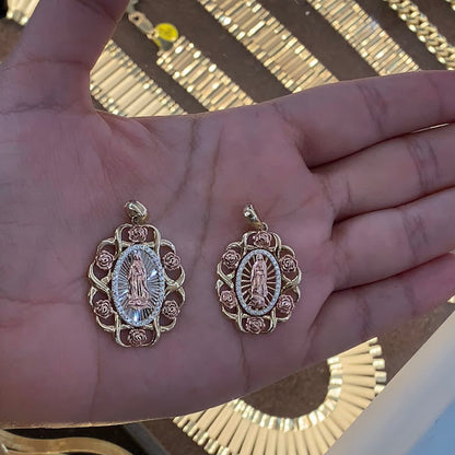 14k Gold Virgin Mary Pendant with Roses , Mary Pendant, Gold Oval Virgin Mary Charm, Religious Gold Pendants, Yellow  White , Rose Gold with CZ Stones