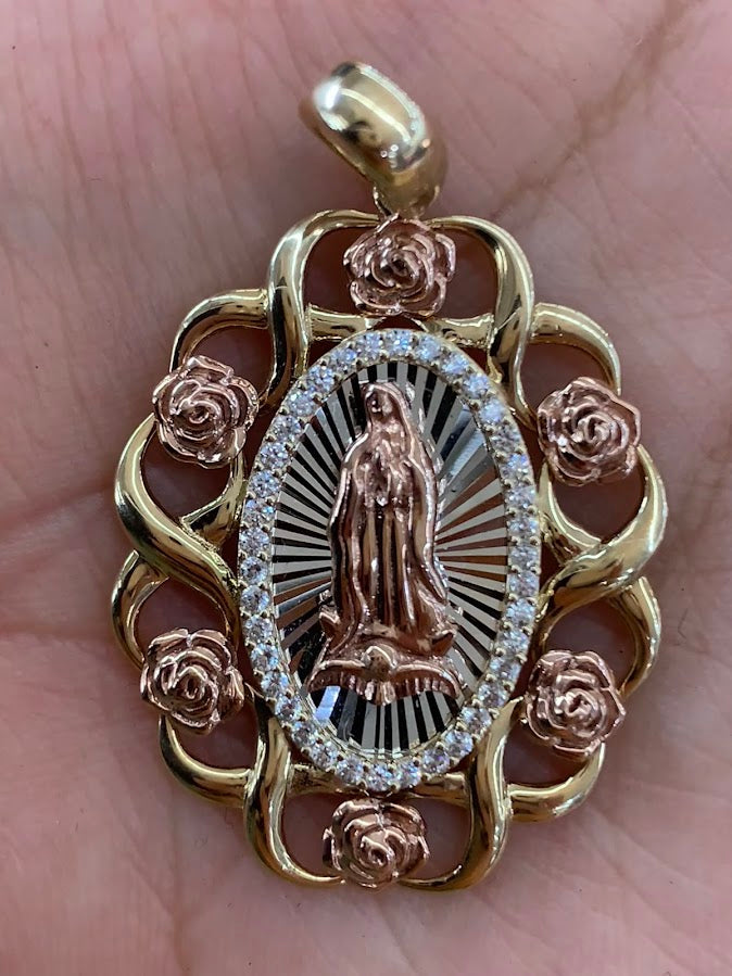 14k Gold Virgin Mary Pendant with Roses , Mary Pendant, Gold Oval Virgin Mary Charm, Religious Gold Pendants, Yellow  White , Rose Gold with CZ Stones