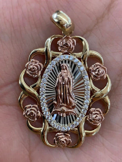 14k Gold Virgin Mary Pendant with Roses , Mary Pendant, Gold Oval Virgin Mary Charm, Religious Gold Pendants, Yellow  White , Rose Gold with CZ Stones
