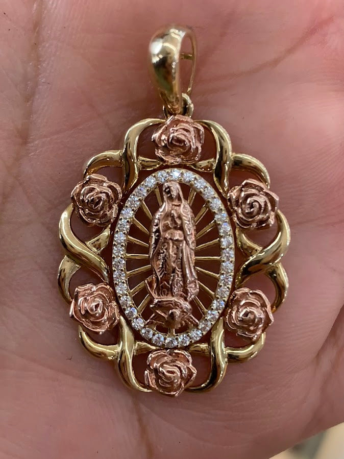 14k Gold Virgin Mary Pendant with Roses , Mary Pendant, Gold Oval Virgin Mary Charm, Religious Gold Pendants, Yellow  White , Rose Gold with CZ Stones