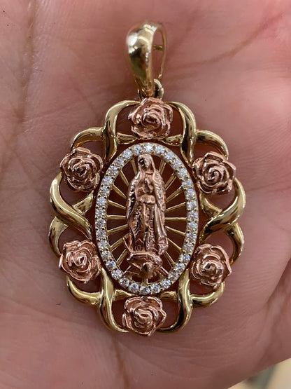 14k Gold Virgin Mary Pendant with Roses , Mary Pendant, Gold Oval Virgin Mary Charm, Religious Gold Pendants, Yellow  White , Rose Gold with CZ Stones