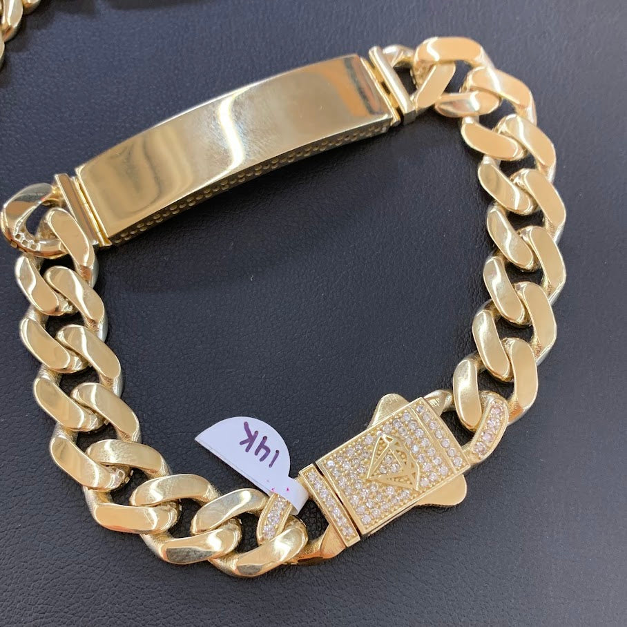 14k Gold Monaco ID Bracelet, Chain Link ID Bracelet, Name Plate Gold Bracelet, Yellow Gold, Monaco Style Link Bracelet, Custom Name Engrave Bracelet