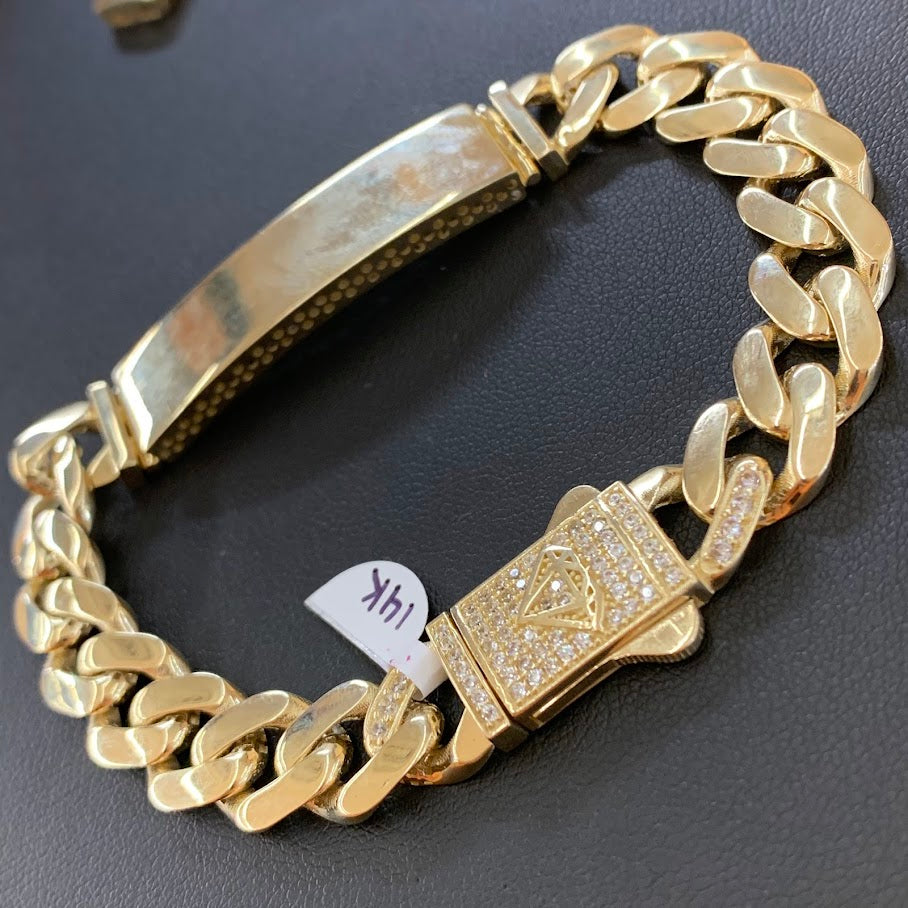 14k Gold Monaco ID Bracelet, Chain Link ID Bracelet, Name Plate Gold Bracelet, Yellow Gold, Monaco Style Link Bracelet, Custom Name Engrave Bracelet