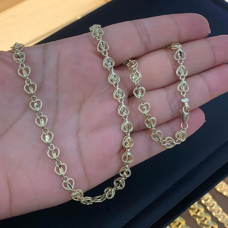 10k Gold Heart Turkish Chain, Women's Heart Gold Necklace, Heart Style Gold Chain, Open Heart Necklace