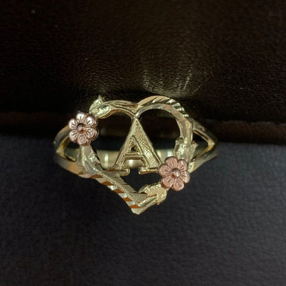 10k Gold Women's Flower Heart "A"  Initial Ring, 10k Gold Initial Alphabet Ring, Name Initial Ring, Letter Ring, Rose Gold Flower, Love Ring