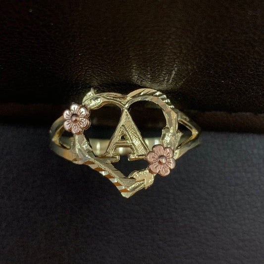 10k Gold Women's Flower Heart "A"  Initial Ring, 10k Gold Initial Alphabet Ring, Name Initial Ring, Letter Ring, Rose Gold Flower, Love Ring