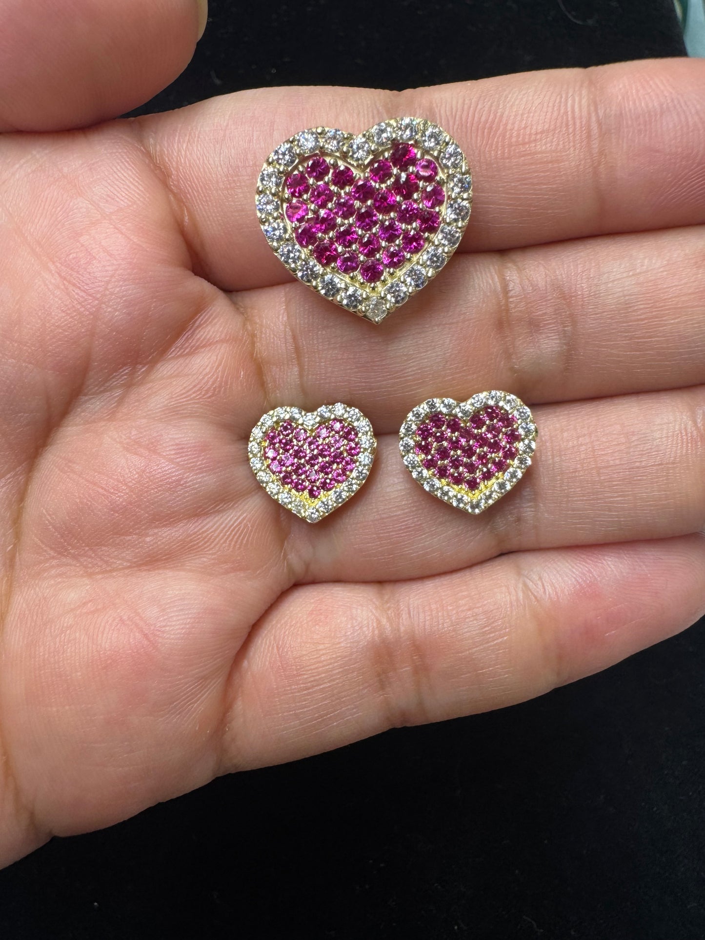 10k Hot Pink Slider Pendant, 10k Presidential Chain with Hot Pink slider and Earrings Set, 10k Gold Hot Pink Heart Pendant Only, Pink Heart Earrings Only ,Slider for Presidential link, Heart Pendant, Heart pendent, White Shiny Heart Charm