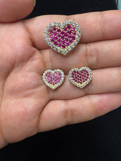10k Hot Pink Slider Pendant, 10k Presidential Chain with Hot Pink slider and Earrings Set, 10k Gold Hot Pink Heart Pendant Only, Pink Heart Earrings Only ,Slider for Presidential link, Heart Pendant, Heart pendent, White Shiny Heart Charm