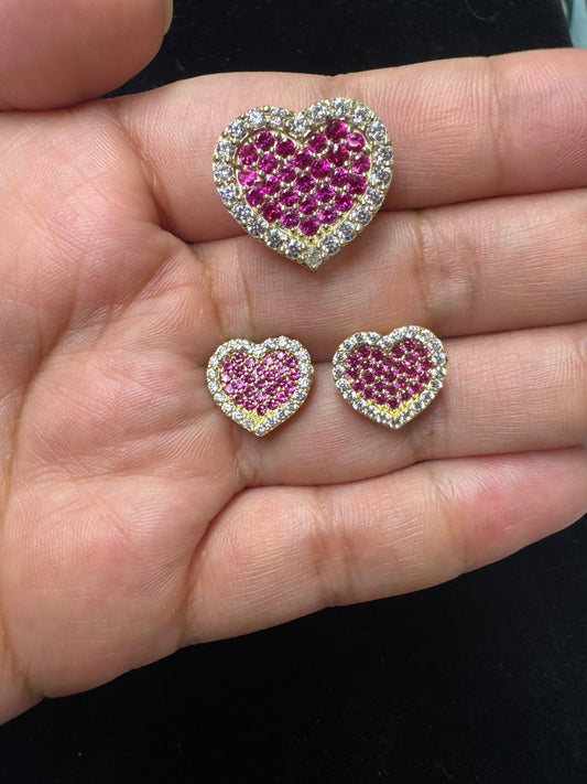 10k Hot Pink Slider Pendant, 10k Presidential Chain with Hot Pink slider and Earrings Set, 10k Gold Hot Pink Heart Pendant Only, Pink Heart Earrings Only ,Slider for Presidential link, Heart Pendant, Heart pendent, White Shiny Heart Charm