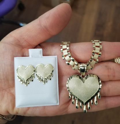 10k Gold Drippin Heart Ring, Gold Presidential Style Chain with Heart Pendant, Matching Earrings & Ring. 10k Gold Link Chain