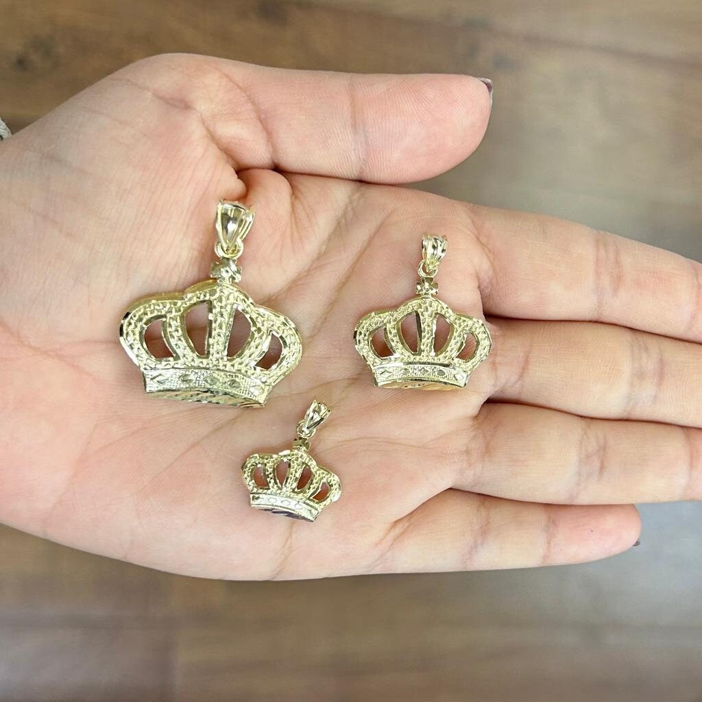 10k Gold Crown Pendant, Crown Charm, Big Crown Pendant, Small Crown Charm, King & Queen Crown Matching, Nugget Style Diamond Cut Finish