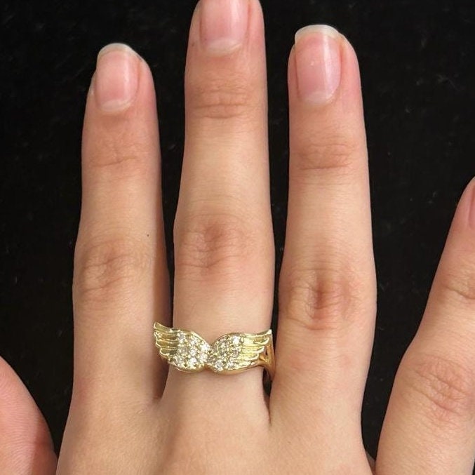 Flight Wings Rings 10k Gold CZ Stone Wings, Women's Gold Ring, Flying Wings Ring, Angel W ...