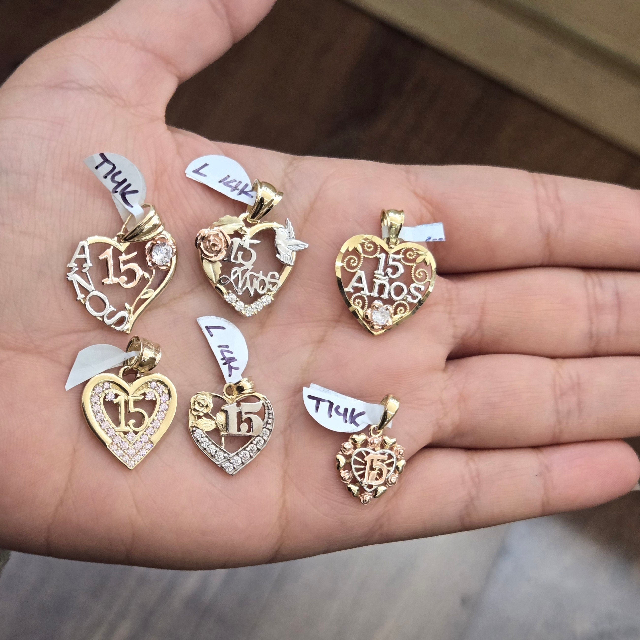 14k Gold Quinceañera Heart Pendant, 15 Charm, Fifteen Birthday