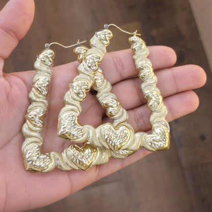 10k Yellow Gold Bamboo Rectangle with Heart Design Hoops, Trapeziod Bamboo Hoops, Triangle Hoops, Chunky Hoops, Clip on earrings, Love Hoop