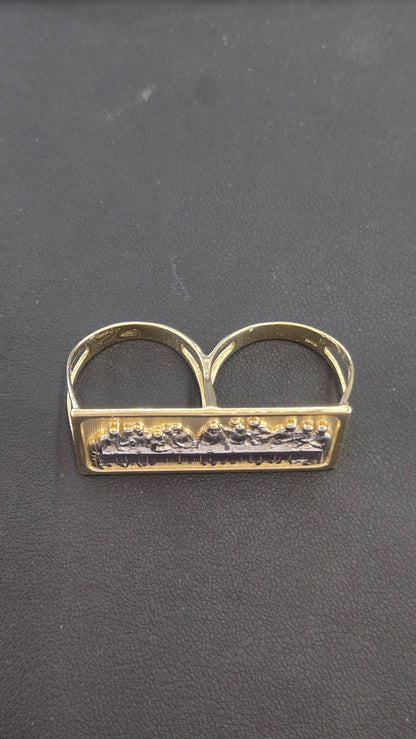 10k Gold Last Supper Two Finger Ring, Gold 2 Finger Ring, Double Ring, Gold Men's Ring, Birthday Gift Ring, Religious Ring, Ultima Cena