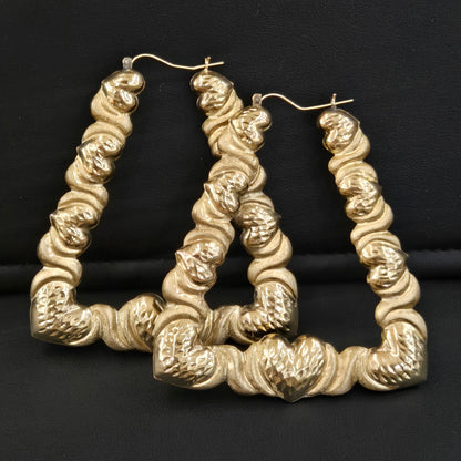 10k Yellow Gold Bamboo Rectangle with Heart Design Hoops, Trapeziod Bamboo Hoops, Triangle Hoops, Chunky Hoops, Clip on earrings, Love Hoop