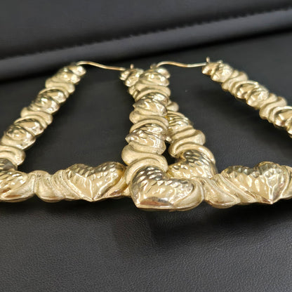 10k Yellow Gold Bamboo Rectangle with Heart Design Hoops, Trapeziod Bamboo Hoops, Triangle Hoops, Chunky Hoops, Clip on earrings, Love Hoop